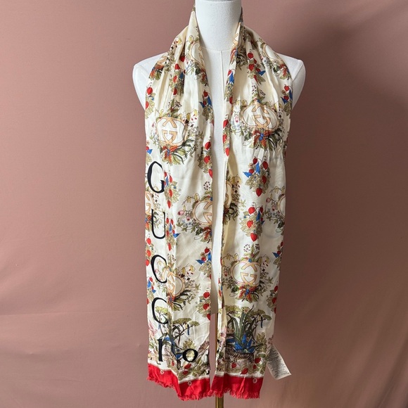 Gucci Accessories - Gucci Silk Scarf with Red and Cream Floral Design